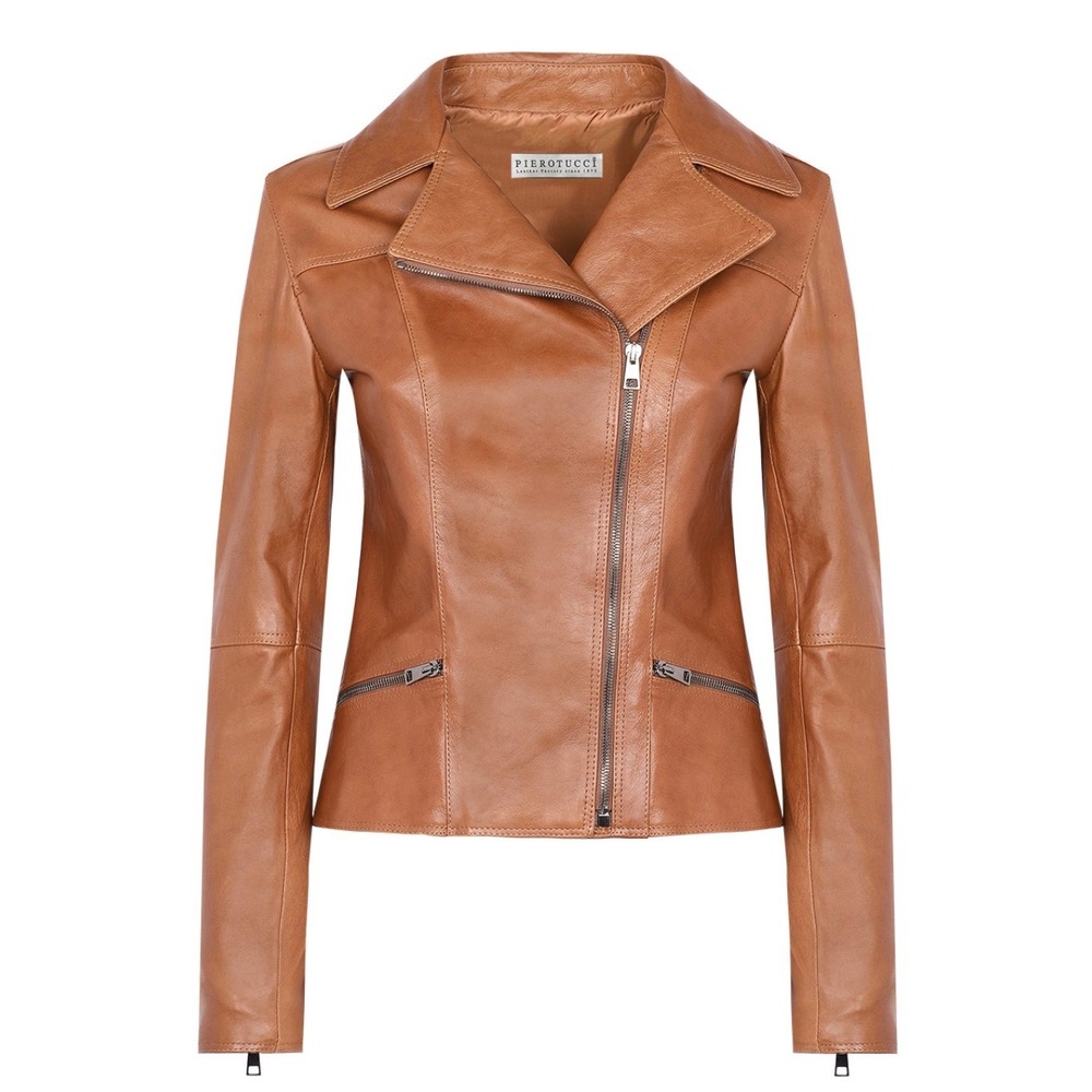 Pierotucci Italian Leather Moto Jacket Cognac Brown Size 44
